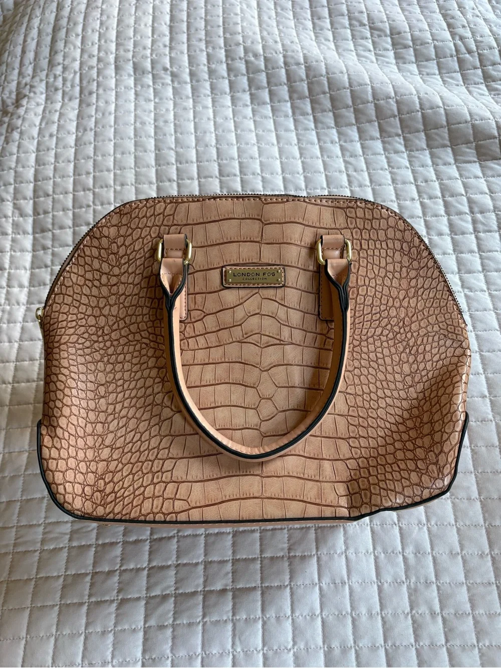 London Fog Croc-Embossed Handbag in Beige/Tan 11” Vegan Leather